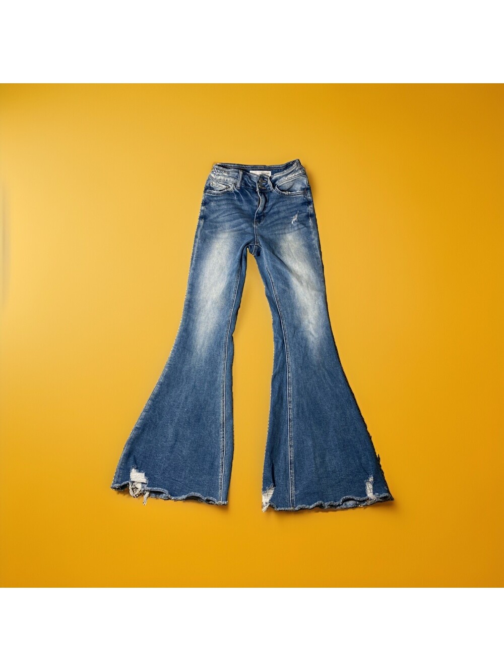 Bridge By Gly JEANS High Rise Super Flare Size 26 Medium Wash Distressed Jeans
